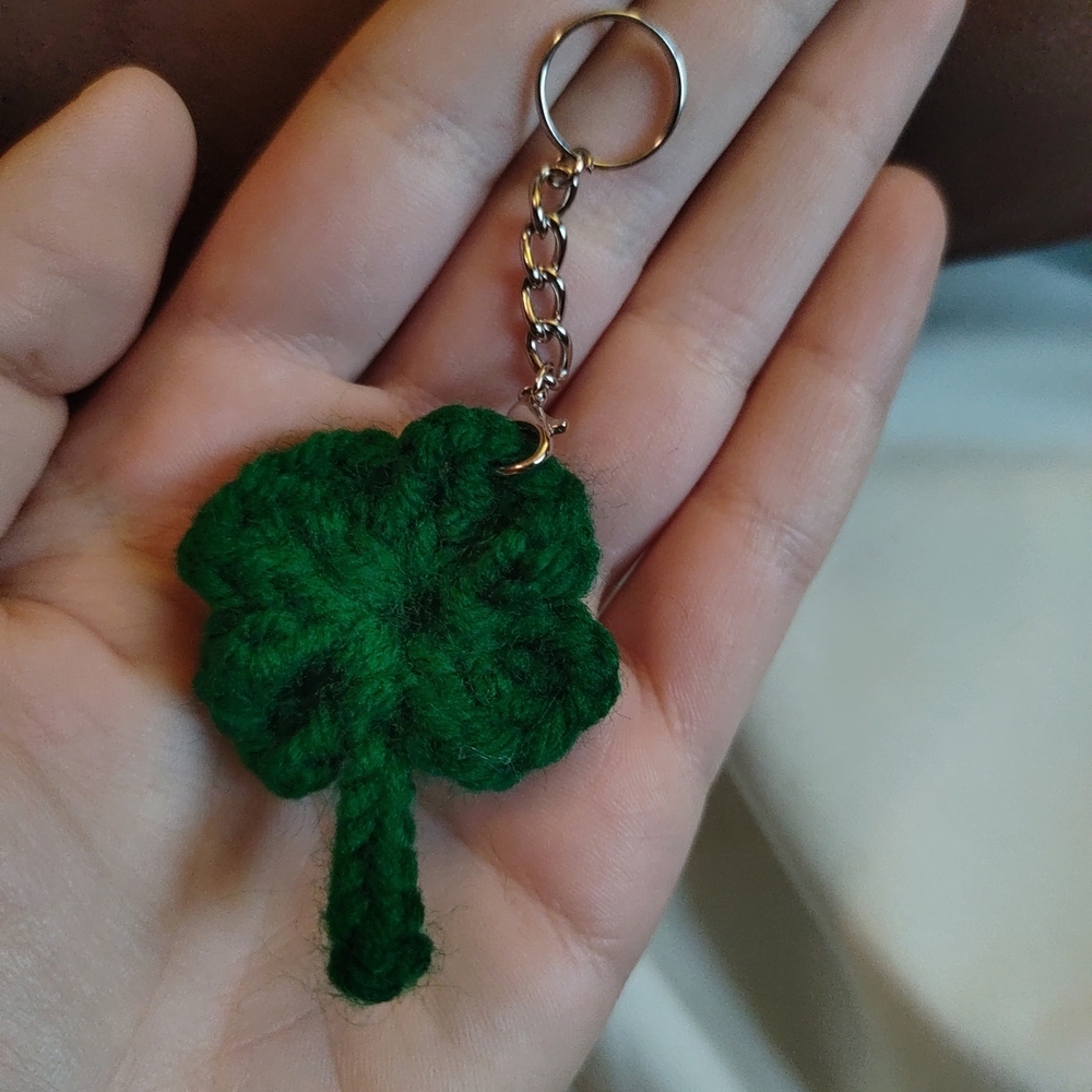 Handmade Crochet Four-Leaf Clover Keychain - Dark Green